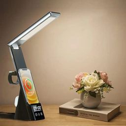 DR Mall Wireless Charger 3 in 1 Fast Charging Station with Led with Touch Control Desk Lamp with Clock,Alarm 3 Lighting Modes Stepless Brightness Home Office Eye-Caring Table Lamp Black,Smartphone image 1