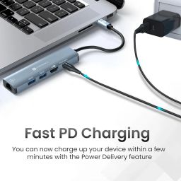 Portronics Mport 51 5-in-1 Type C HUB with RJ 45 Ethernet Port, 5Gbps Data Transfer, HDMI Port, USB 3.0, PD Quick Charge, 4K Ultra HD Data Quality(Grey) image 4