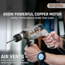 BUILDSKILL 650W impact drilling machine for home use | 13mm keyless chuck | copper motor | 3000 RPM variable speed | forward & reverse | 3 masonry, 1 multipurpose bit | drill machine for wall drilling image 2
