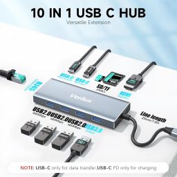 Verilux® Multiport USB C Hub 10 In 1 USB C Hub with 100Mbps Ethernet Port, 4K@60Hz HDMI SD/TF Card Slots, Supports 100W PD Fast Charging & 5 Gbps Data Transmisson Portable USB C Hub for PC, Laptop, PS image 1