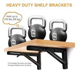 Storystore Folding Shelf Brackets - 10 Inch Heavy Duty Metal Collapsible Shelf Bracket for Bench Table, Shelf Hinge Wall Mounted Space Saving DIY Bracket, Max Load: 150 lb (2 PCS, Black) image 1