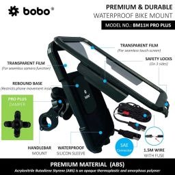 BOBO BM11H PRO Plus Handlebar Mount with Damper, Fully Waterproof Bike/Motorcycle/Scooter Mobile Phone Holder Mount with 15W Wireless & USB-C I/O Charger, Ideal for Maps and GPS Navigation (Black) image 2