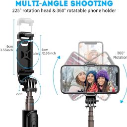 Portable Selfie Stick,Handy Tripod with Detachable Wireless Remote&Mini Tripod Stand for iPhone 13 12 11 Pro Xs Max Xr X 8 7 6 Plus,Smartphone (Without Light)(Black) Pack of 1 image 2