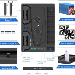Compatible with PS5 Vertical Stand for Compatible with PS5 Digital Edition and Disc Edition Console with Cooling Fan, Controller Charging Station image 1