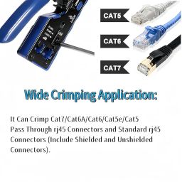 XIKKART RJ45 Crimping Tool Kit, Passthrough Cat7 Cat6A Cat6 Cat5E Cat5 RJ45 Ethernet Crimp Tool with 10PCS Cat7 Pass Through Connectors 10PCS Cat6 Pass Through Connectors 10PCS Covers 1 Network Tester image 3