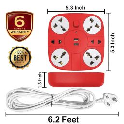 Axmon Extension Board with USB Port [FIRE Resistant] [6 Socket 2 USB Ports] 10 Amp Heavy Duty Multi Plug Extension Cord for Office Home with [1.8 Meter Power Cord] - RED image 1