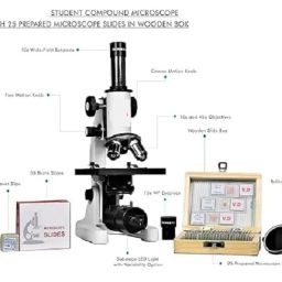 Chemlab Student Compound Biological Microscope with Dual Objective Lenses,LED LAMP,25 Prepared Slides,50 Blank Slides,for School Lab Home Education,Gifts for Children Students,40X-1125X Zoom image 2