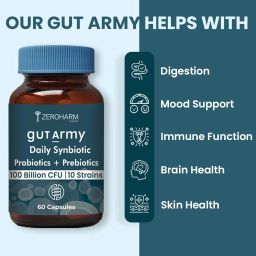 Gut Army Prebiotics & Probiotics - 25 Unique Strains Blend -100 Billion CFU - With Psyllium Husk & Probiotics Blend - Supports Gut Digestion Health & Bowel Movement - 60 Capsules By ZEROHARM image 3