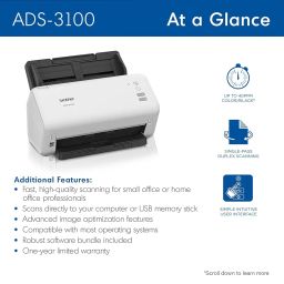 Brother ADS-3100 High-Speed Desktop Scanner | Compact with Scan Speeds of Up to 40ppm, White image 2