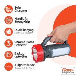 d.light dlight Flare+ Solar Rechargeable LED Emergency Torch for Home | 2 Modes of Brightness, Convenient Portable Design, in-Built Solar Panel, paired with Charging Cable & Shoulder Strap, 2000mAH Battery image 2