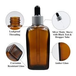Happy Packaging 100ML Amber Square Empty Glass Bottle | Glass Dropper | Silver Matt Sleeve | Silcon Black Teat | Refillable | Leak Proof For Essential Oils | DIY Perfumes | DIY serums (1) image 1