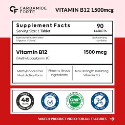 Carbamide Forte Vitamin B12 Tablets 1500 mcg -Active form of Methylcobalamin Vitamin B12 Supplements for Men & Women- 90 Veg Tablets image 1