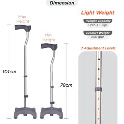 Vissco Avanti L Shape Quadripod Walking Stick (Aluminum), for Elderly & Those Physically Challenged,Lightweight, Height Adjustable Walking Stick with 4 Legs - Universal (Grey) image 5