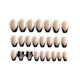 Set of 24 Artificial Reusable Nails In Black Tips With Bow Design With Glue (Maroon, Long) image 1