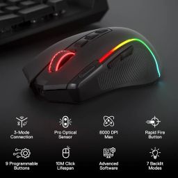 Redragon M612 PRO RGB Gaming Mouse, 8000 DPI Wired/Wireless Optical Gamer Mouse with 9 Programmable Buttons & 7 Backlit Modes, BT & 2.4G Wireless, Software Supports DIY Keybinds Rapid Fire Button image 1