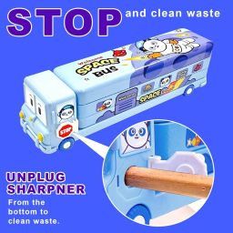 Brand Conquer Bus Shape Pencil Box School Bus Metal Geometry Box For Kids Magic Bus With Moving Tyres With 3 Compartments Moving Tyre's & Sharpener Geometry Case For Boys & Girls (Panda Bus), Blue image 3