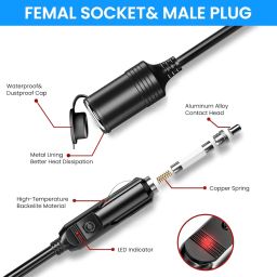 STHIRA®13ft Cigarette Lighter Extension Cord, 12V/24V DC Car Lighter Extender Lighter Socket Extension with Cap, Universal Vehicle Car Lighter Extension Cord image 2