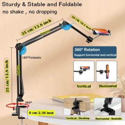 BROLAVIYA Overhead Video Mobile Stand, New Extra Long Arm, 1/4" Head 2 Way Base clamp, and Bracket for Mobile Phone, for, Overhead Video, Desktop,Bedroom, Office, Black image 3