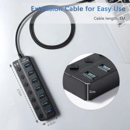 Hoppac Hub, 7 in 1 Thief with 1 USB 3.0 and 6 USB 2.0, Multiple USB Port Adapter for PC with Independent Switch and LED Indicator, Line Length 1 m image 5