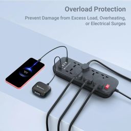 ZEBRONICS Power BAR 282, Extension Board/Strip, 2500 Watts, 10 Amps, 1x Type C Port (15.5W), 8X Universal Socket, 4+1 USB Port (15.5W), On/Off Switch, Overload Protection, Wall Mountable, 2 Meter image 2