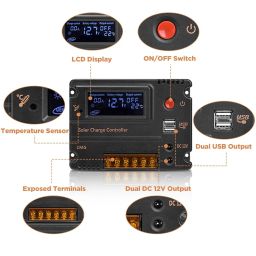 GHB 20A 12V 24V Solar Charge Controller Auto Switch LCD Intelligent Panel Battery Regulator Charge Controller Overload Protection Temperature Compensation image 1