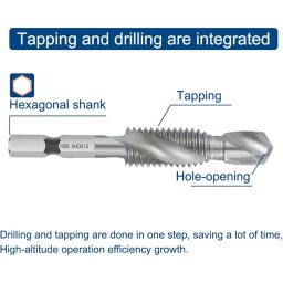 Cute Critters 6pcs/Set Quick-Change Combined Hand Tap Drill Hex Shank HSS Screw Spiral Point Thread Metric Plug Drill Bits M3 M4 M5 M6 M8 M10 Hand Tools, High Speed Steel image 4