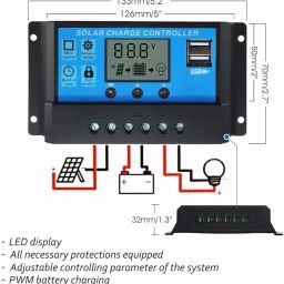 Skypearll Solar Charge Controller 30A, Solar Charge Controller 12V/24V Intelligent Battery Regulator for Lead Acid & Lithium Battery with LCD Display and 3A USB Port (Blue) image 2