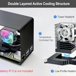 ElectroCookie Raspberry Pi 5 Case, Aluminum Mini Tower Case with Cooling Fan and Color Changing Ambient Light (Black) image 1