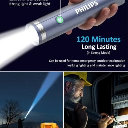 PHILIPS Portable Torch Light with Camping Light, 400LM LED Flashlight Rechargeable, 4 Ligting Mode, 150M Coverage, Anti-Drop Handheld Flash Light for Home, Camping, Hiking, Emergency（Gray） image 1