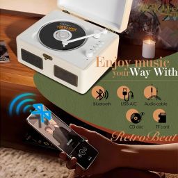 Bluetooth Portable CD Player, RetroBeat 2200mAh Rechargeable Home Computer with Speakers, AUX Output, USB Mode and TF Card Support, Headphone Output (White) image 1