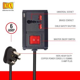 MX 3 pin Extension Cord Single Socket Heavy Duty Long Extension Power Cord 1.5 Meter 1800W 6a to 16a Converter Plug Master Switch (0.75Sq.mm ISI Marked) Safety Shutter 6 amp to 16 amp Extension Board image 1