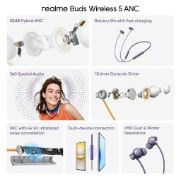 realme Buds Wireless 5 ANC in Ear Bluetooth Headphones,50dB ANC, 13.6mm Dynamic Bass Driver,360? Spatial Audio,45ms Low Latency,Upto 38hrs Playback,IP55 Rating,Dual Device Connection(Twilight Purple) image 1