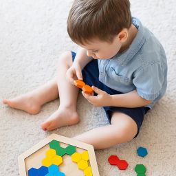 FEXME 40‑Piece Wooden Intelligence Puzzle – Colorful Tetris‑Style Blocks on a Smooth Wooden Board (Hexagon) image 4