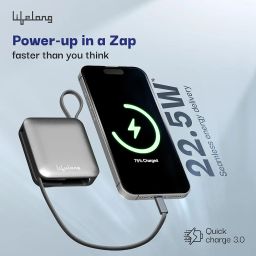 Lifelong Zap 10000mAh Power Bank - Quick Charge 3.0 | 2 Type-C outputs (22.5W) & Inputs (18W), and a Lightning Cable Output (10W) | Portable Wireless Charger for Mobiles, Earbuds, Speakers & Tablets image 5