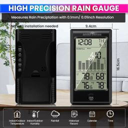 amiciSense Wireless Rain Gauge with 5-in-1 Outdoor Sensor | Self-Emptying Rain Collector, Indoor/Outdoor Temperature & Humidity Monitor, Clock, Calendar, Backlit Weather Station Display image 1
