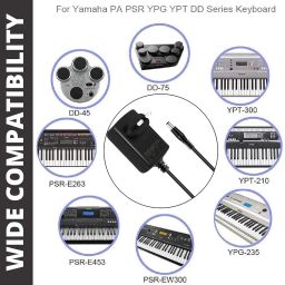 Fedus 12V 2A Ac Power Supply Long Cord Charging Adapter for Yamaha Psr, YPG, Ypt, Dgx, Dd, Ez and P Digital Piano and Portable Keyboard Series, Replacement Pa-130 Pa-130B (3 Meter, Black) image 1