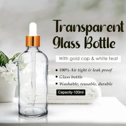 nsb herbals 100 ml Clear/Transparent Round Empty Glass Bottle/Glass Dropper/Golden Ring/Silicon White Teat, Refillable, For Essential Oils, Perfumes (Pack Of 1) image 3