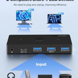 Lemorele USB 3.0 Switch Selector 2 Computers Share 4 USB Ports, Support 3.5mm Microphone Input, for PC, Mouse, Keyboard, Printer, Scanner with 2 USB Cables, Compatible with Windows/Mac/Linux image 1