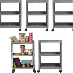 Pack of 5 Multipurpose 3-Layer Storage Trolley Rack with Wheels | Grey Plastic Kitchen Trolley-22