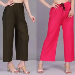 Pack of 2 Women Regular Fit Green, Pink Viscose Rayon Trousers-image-47
