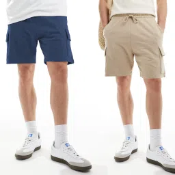 Pack of 2 Solid Men Beige, Blue Cargo Shorts-image-40