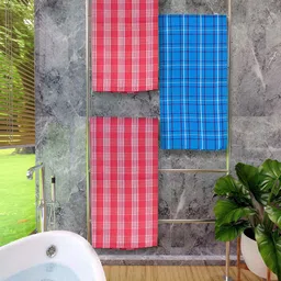 Athom Living Red & Blue 3 Pieces Checked Cotton 150 GSM Bath Towels-12