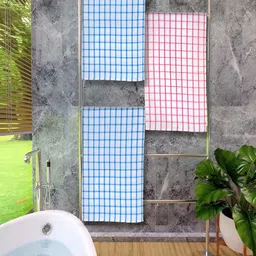 Athom Living Blue & Red 3 Pieces Checked Cotton 150 GSM Bath Towels-9