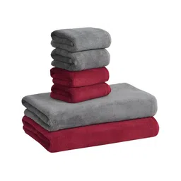 Cotton Bolls Textiles Grey & Maroon 6Pcs Microfiber 300 GSM Ultra Soft Towel Set-10