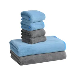 Cotton Bolls Textiles Blue & Grey 6Pcs Microfiber 300 GSM Ultra Soft Towel Set-image-4