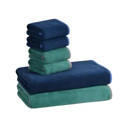 Cotton Bolls Textiles Navy Blue & Green 6Pcs Microfiber 300 GSM Ultra Soft Towel Set-6