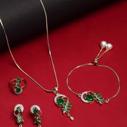 ZENEME 18K Gold-Plated Green Cubic Zirconia Studded Handcrafted Jewellery Set-image-17