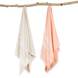 MUSH Peach Coloured & Beige 2 Pieces Striped Bamboo 250 GSM Bath Towels-34
