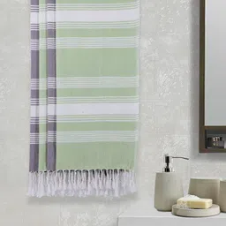 Arrabi Set Of 4 White & Green Striped 210 GSM Cotton Bath Towels-11