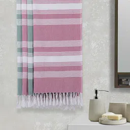 Arrabi Pink & Green Set Of 4 Striped 210 GSM Cotton Bath Towels-3
